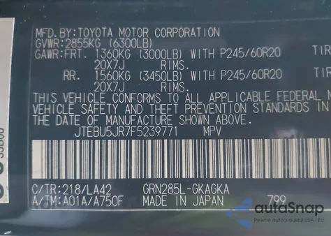 2015 Toyota 4Runner Limited from USA, damaged, VIN JTEBU5JR7F5239771